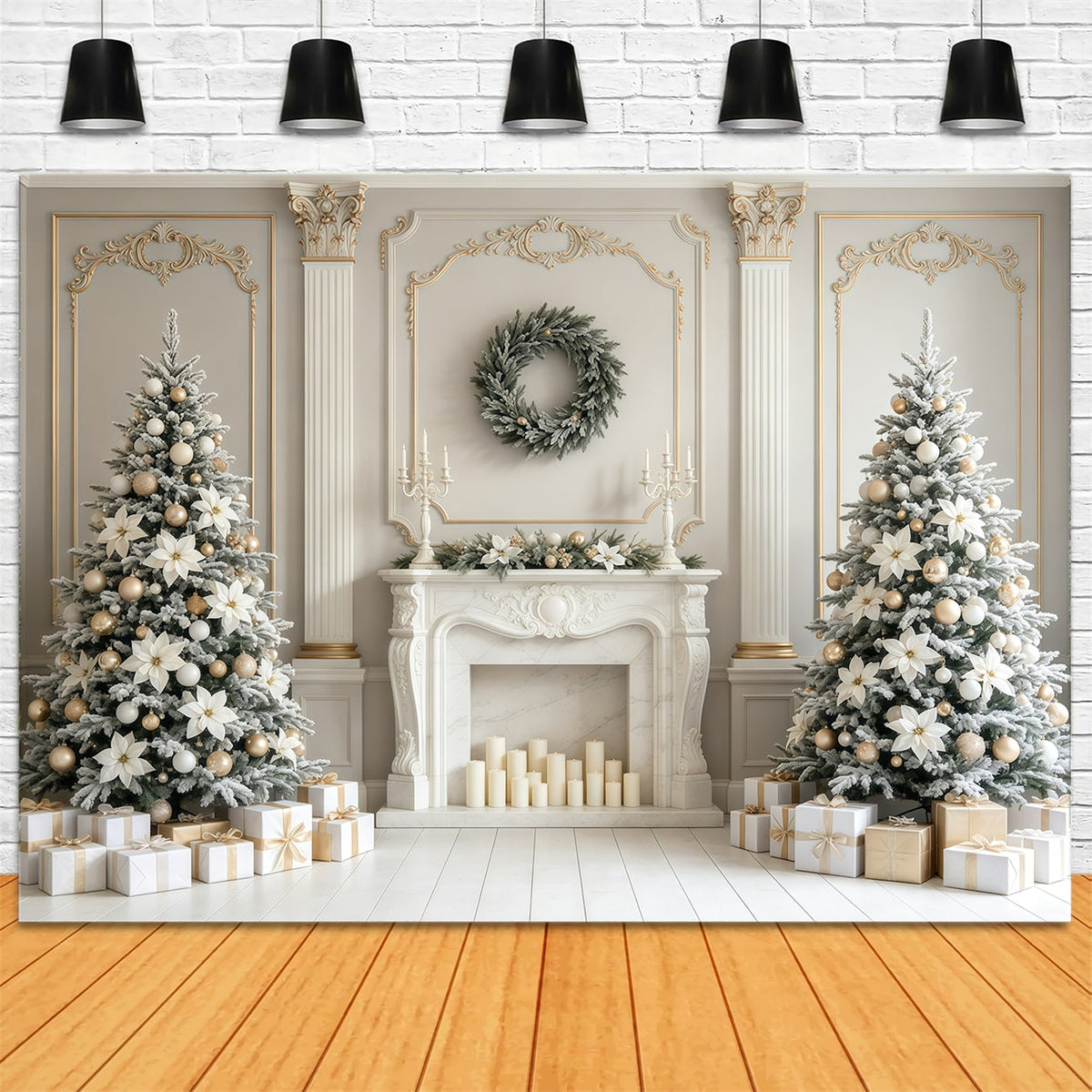 Weihnachtskamin-Hintergrund Eleganter Kaminsims Mit Weißen Blumen Weihnachtshintergrund Für Fotografie GQ68-129