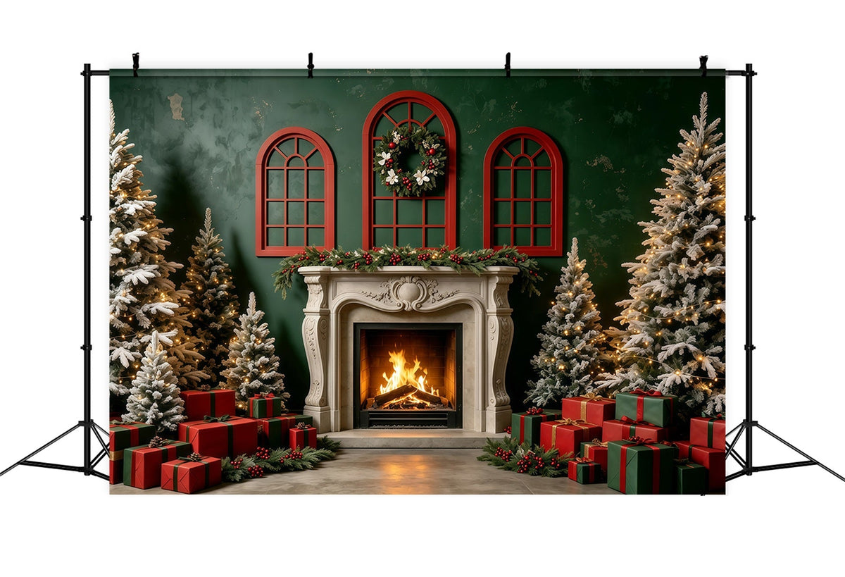 Weihnachtskulisse Geschenk Für Einen Kamin Mit Grüner Wand Weihnachts-Fotohintergründe GQ68-131