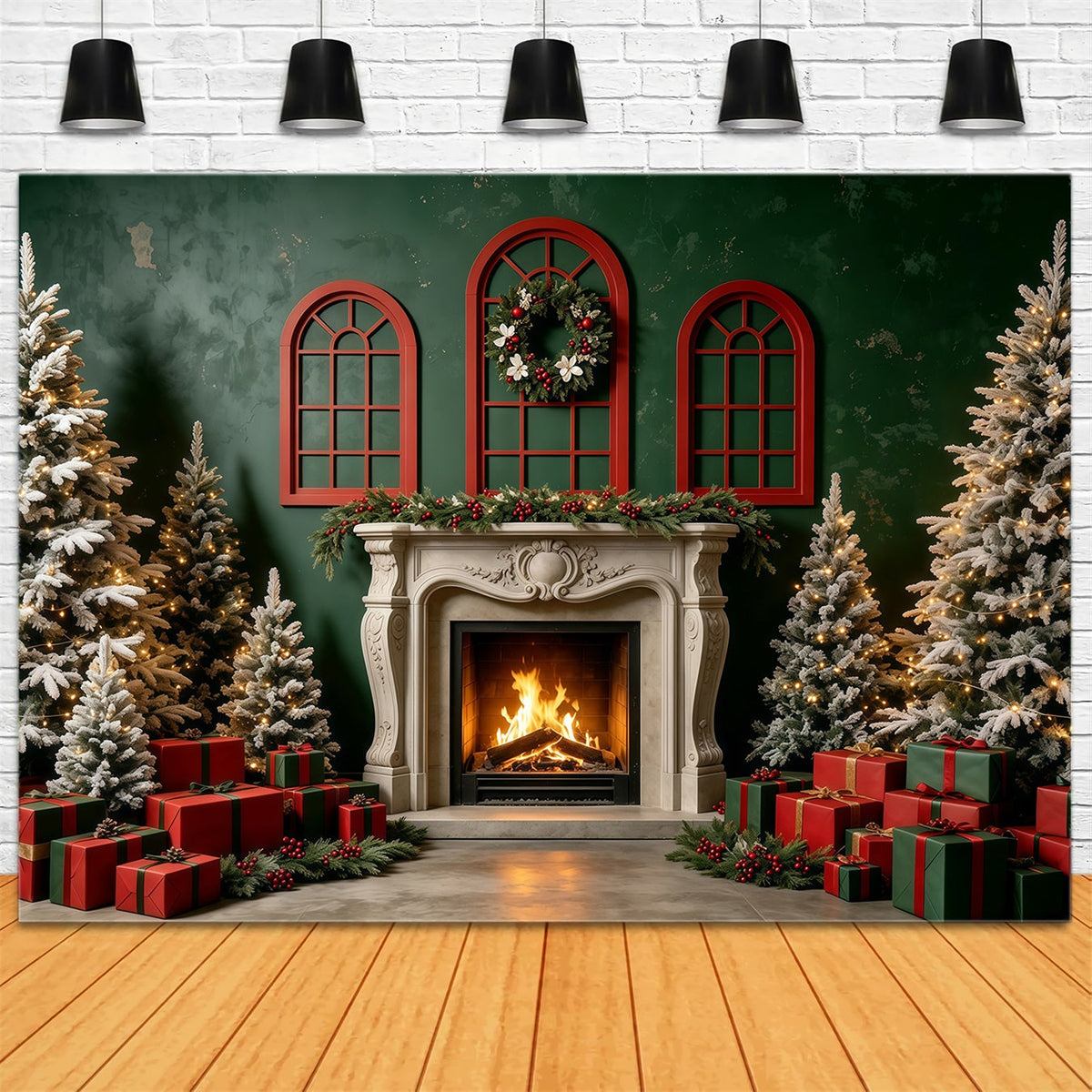 Weihnachtskulisse Geschenk Für Einen Kamin Mit Grüner Wand Weihnachts-Fotohintergründe GQ68-131