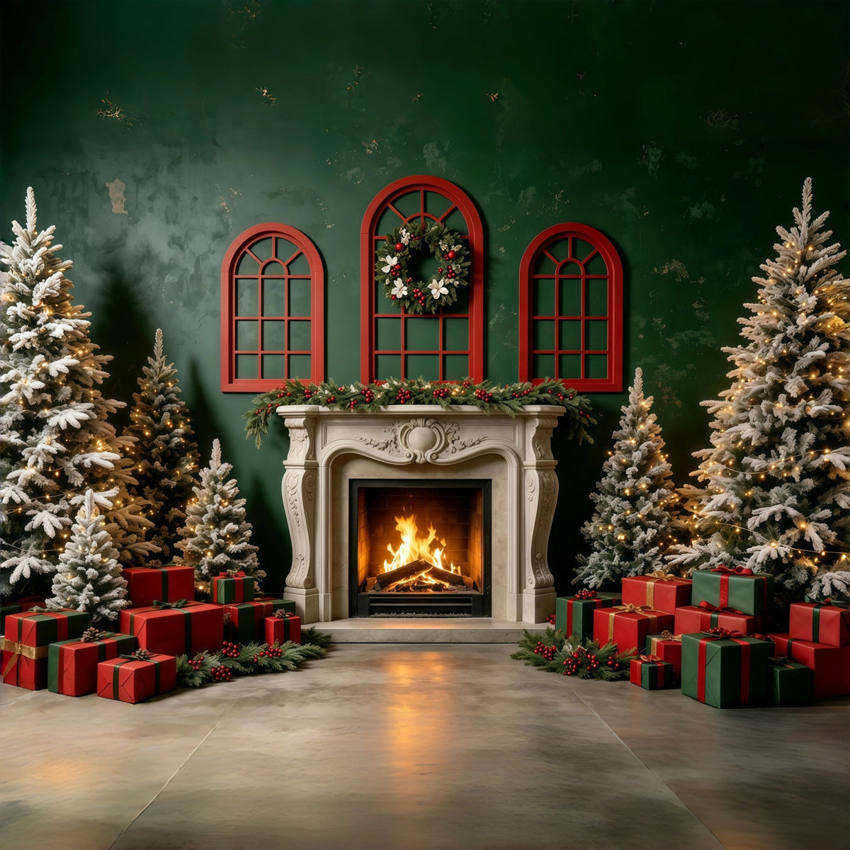 Weihnachtskulisse Geschenk Für Einen Kamin Mit Grüner Wand Weihnachts-Fotohintergründe GQ68-131