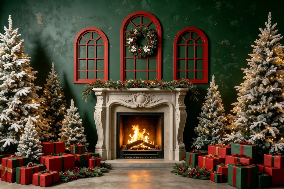 Weihnachtskulisse Geschenk Für Einen Kamin Mit Grüner Wand Weihnachts-Fotohintergründe GQ68-131