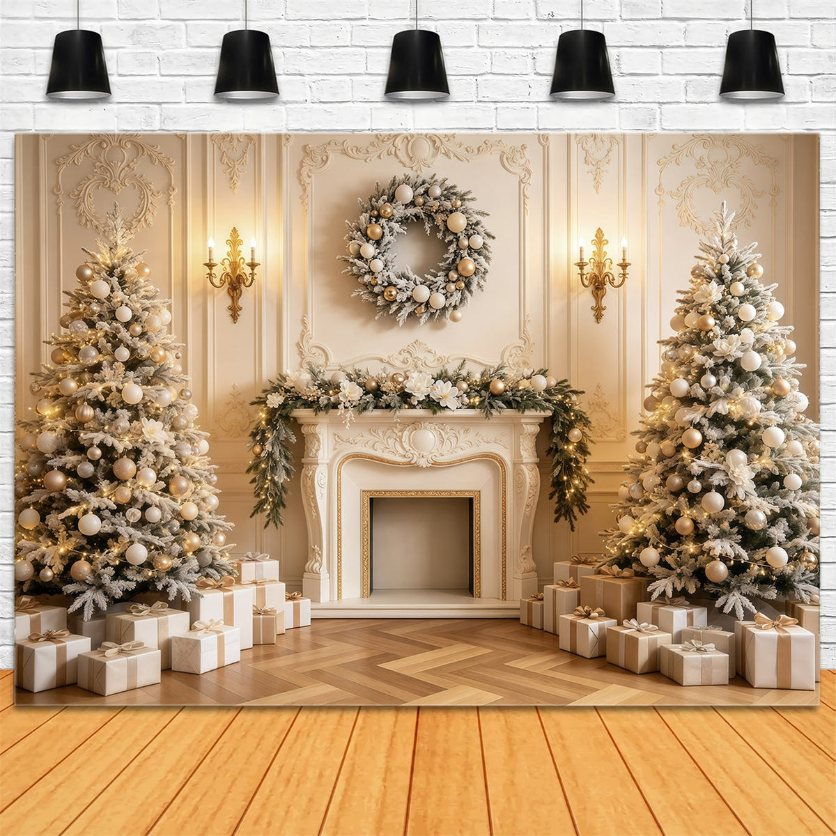 Kamin-Hintergrund Weihnachten Gemütliche Goldene Kamindekoration Weihnachtskulisse Für Den Innenbereich GQ68-135