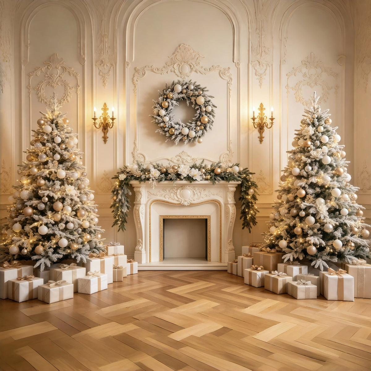 Kamin-Hintergrund Weihnachten Gemütliche Goldene Kamindekoration Weihnachtskulisse Für Den Innenbereich GQ68-135
