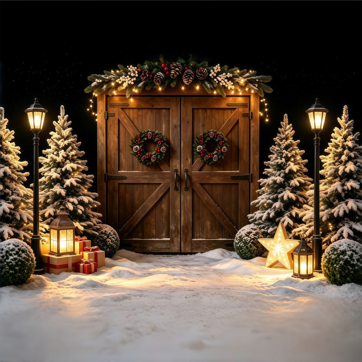 Weihnachtsscheunen-Kulisse Leuchten Einer Laterne An Einer Verschneiten Holztür Weihnachts-Fotohintergründe GQ68-57
