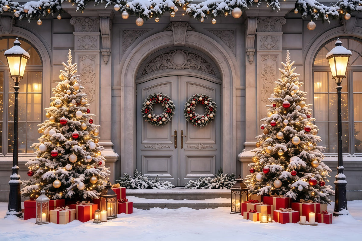 Weihnachtshaus-Kulisse Bäume Im Eingangsbereich Eines Herrenhauses Aus Verschneiten Weihnachtskulisse Für Den Innenbereich GQ68-61