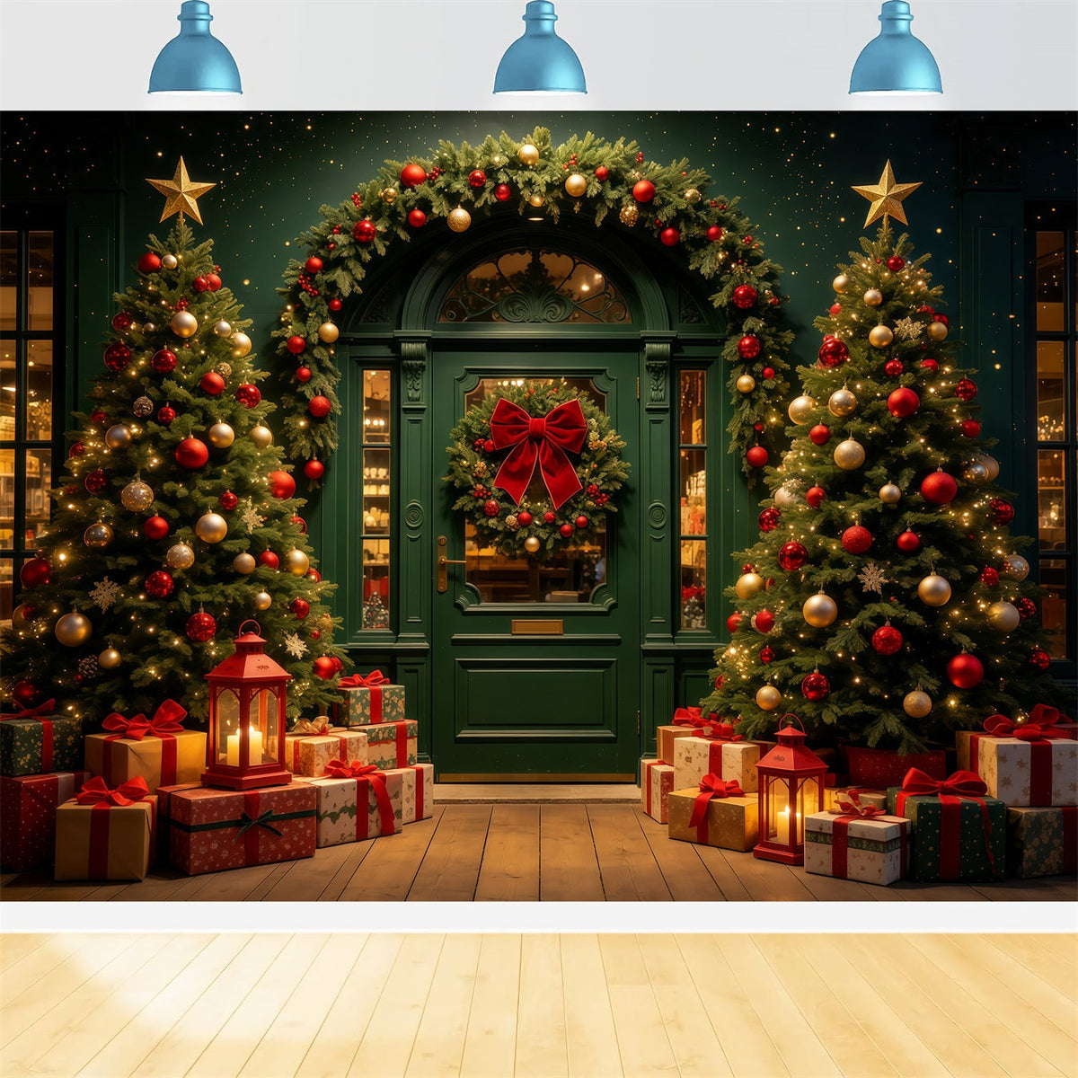 Weihnachtsladen-Hintergrund Dunkelgrüne Torbogenleuchten Studiohintergründe Weihnachten GQ68-62