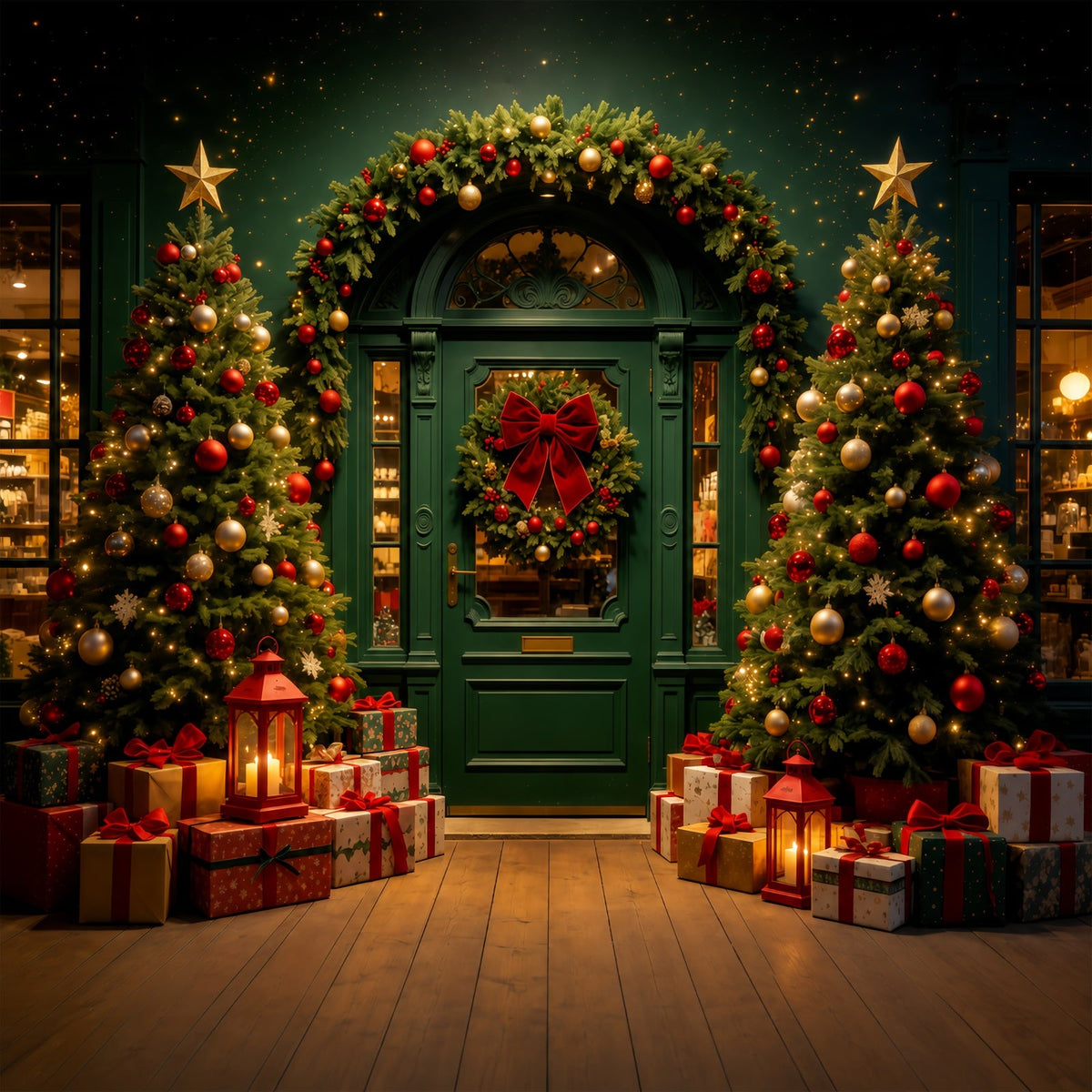 Weihnachtsladen-Hintergrund Dunkelgrüne Torbogenleuchten Studiohintergründe Weihnachten GQ68-62