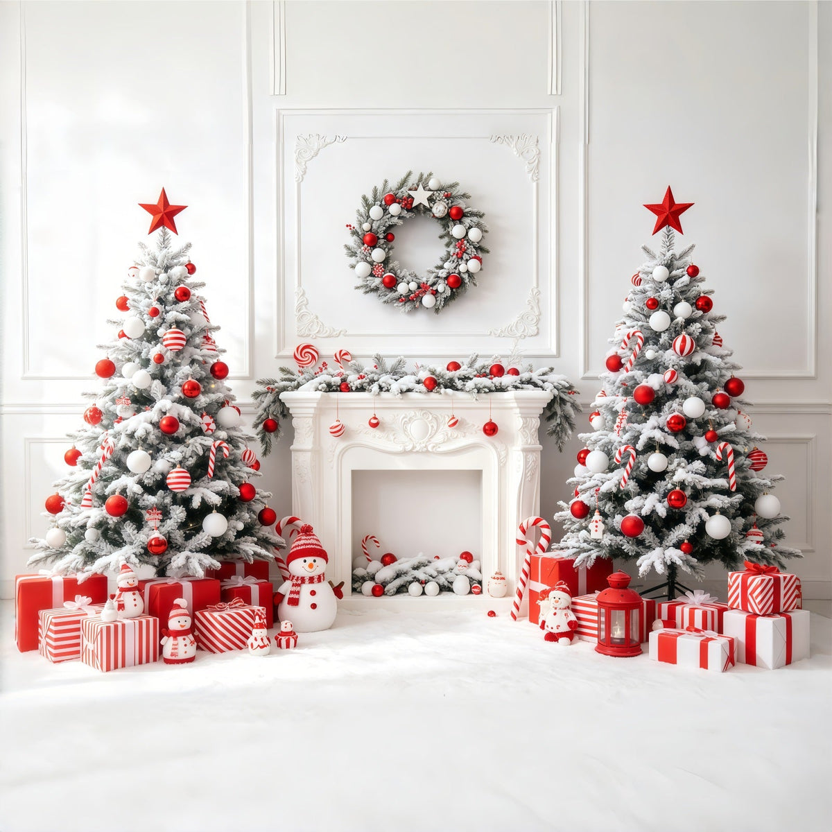 Weiße Weihnachtskulisse Kamin Mit Süßigkeitenbaum Weihnachtsfotohintergrund GQ68-63