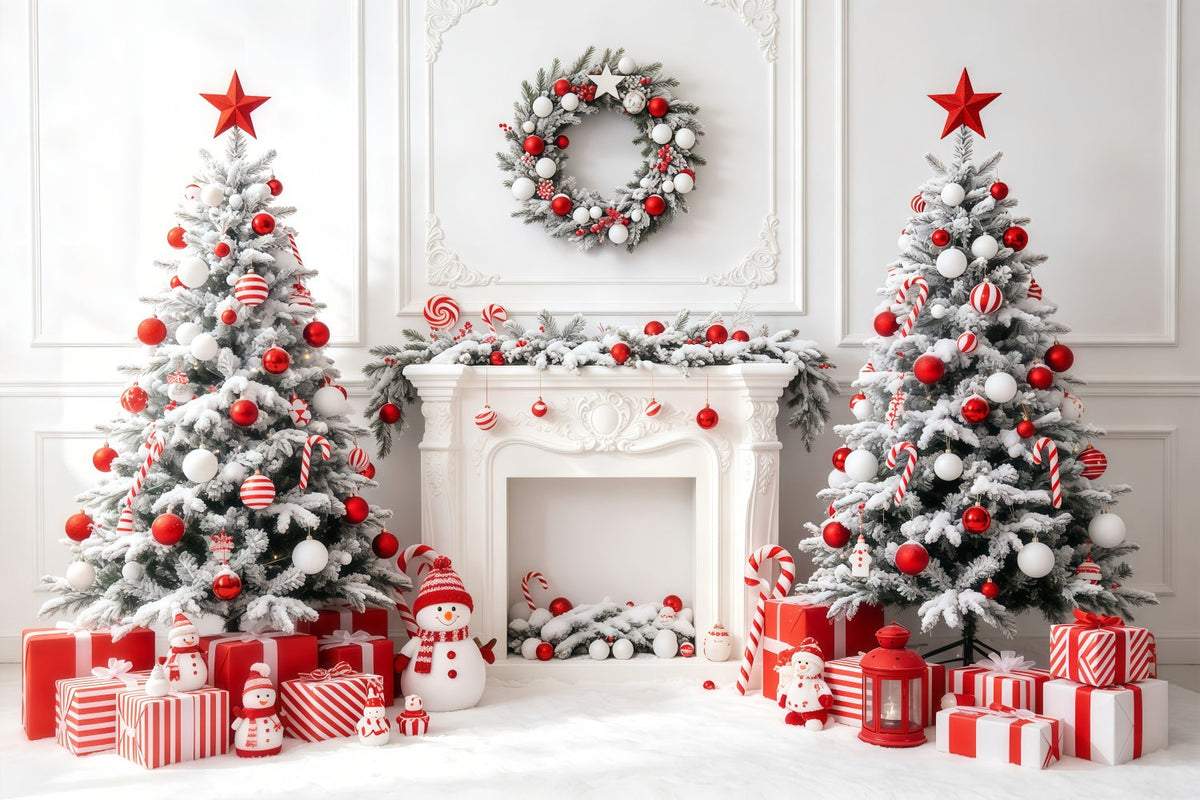 Weiße Weihnachtskulisse Kamin Mit Süßigkeitenbaum Weihnachtsfotohintergrund GQ68-63