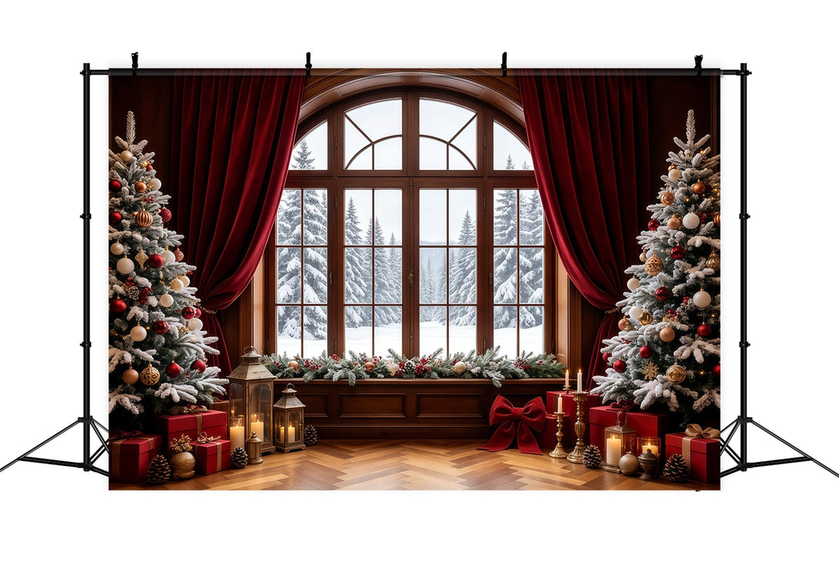 Weihnachtsfenster-Hintergrund Verschneiter Blick Auf Die Baumkronen Weihnachts-Fotohintergründe GQ68-64