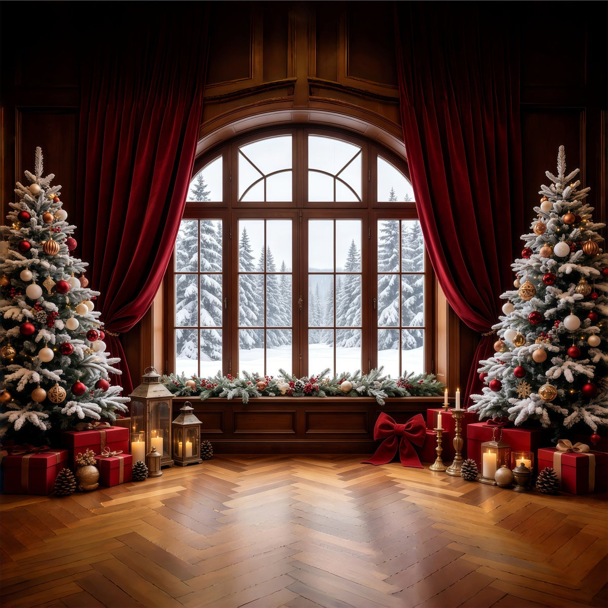 Weihnachtsfenster-Hintergrund Verschneiter Blick Auf Die Baumkronen Weihnachts-Fotohintergründe GQ68-64