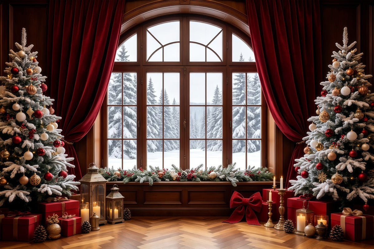 Weihnachtsfenster-Hintergrund Verschneiter Blick Auf Die Baumkronen Weihnachts-Fotohintergründe GQ68-64
