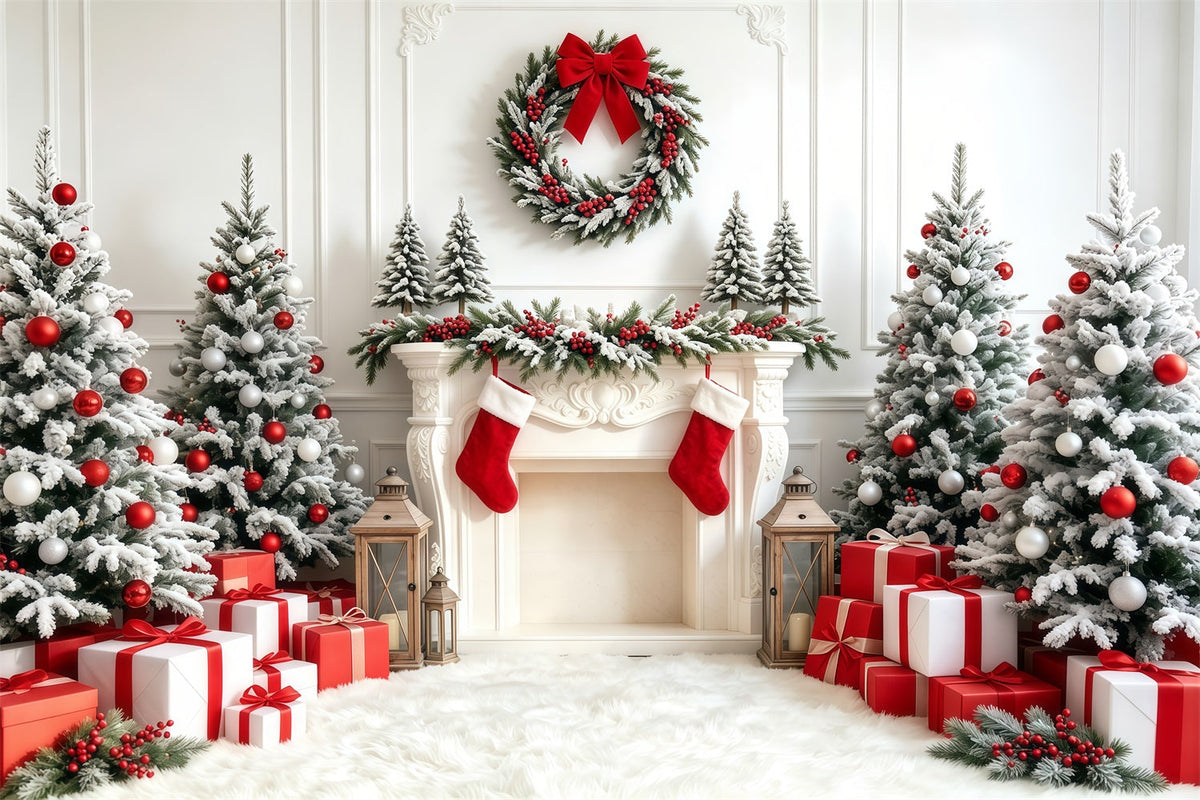 Weihnachtsbaum-Hintergrund Weißer Roter Strumpf Kamin Studio-Weihnachtskulissen GQ68-67