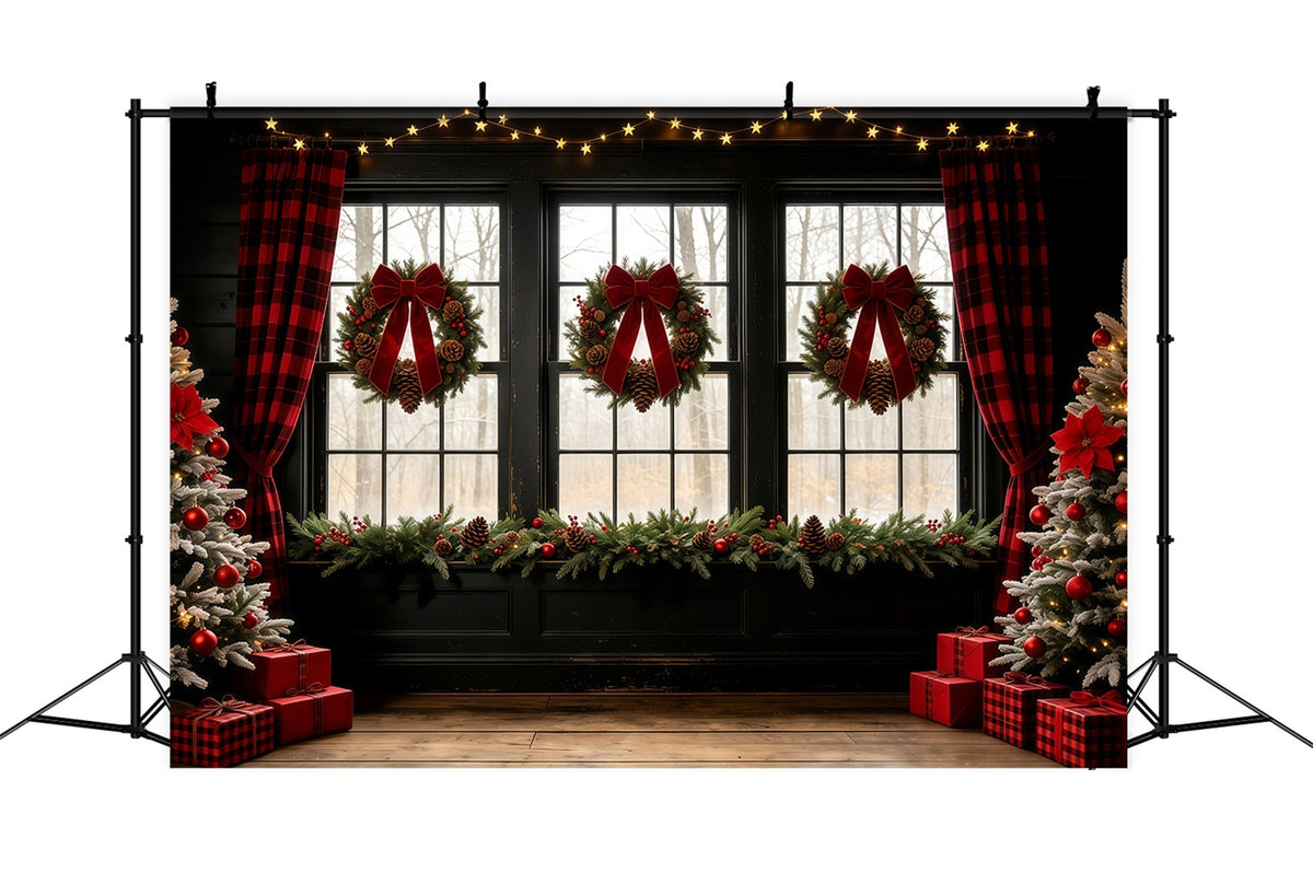 Weihnachtsfenster-Hintergrund Schleifenkranz Rustikaler Vorhang Weihnachtswand-Hintergrund GQ68-68