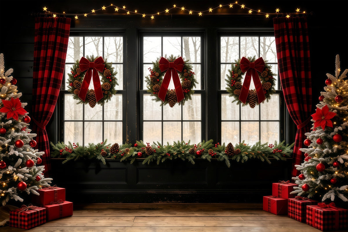 Weihnachtsfenster-Hintergrund Schleifenkranz Rustikaler Vorhang Weihnachtswand-Hintergrund GQ68-68
