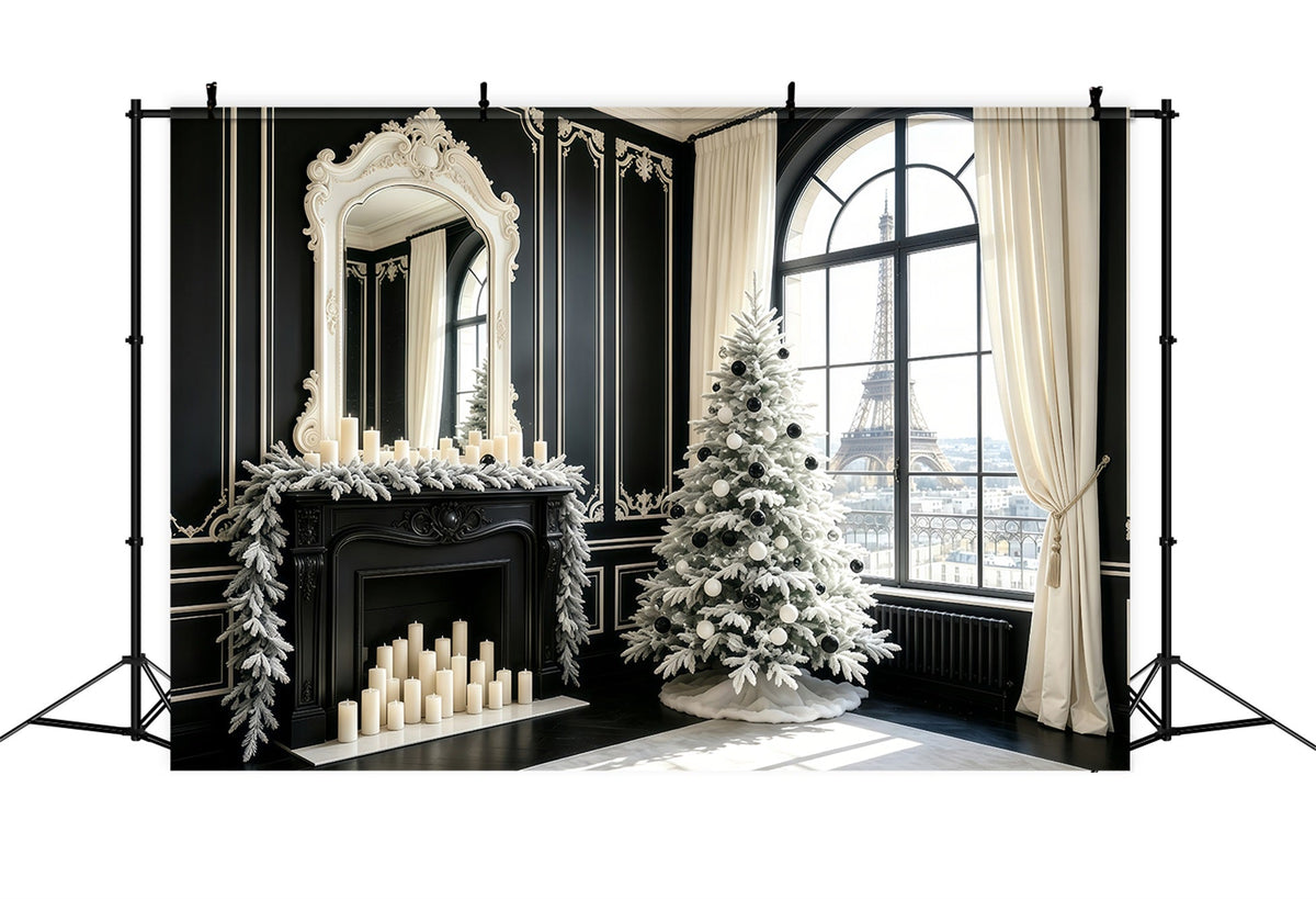 Schwarzer Weihnachtshintergrund Pariser Fensterblick Baum Weihnachtliche Indoor-Hintergrundkulisse GQ68-70