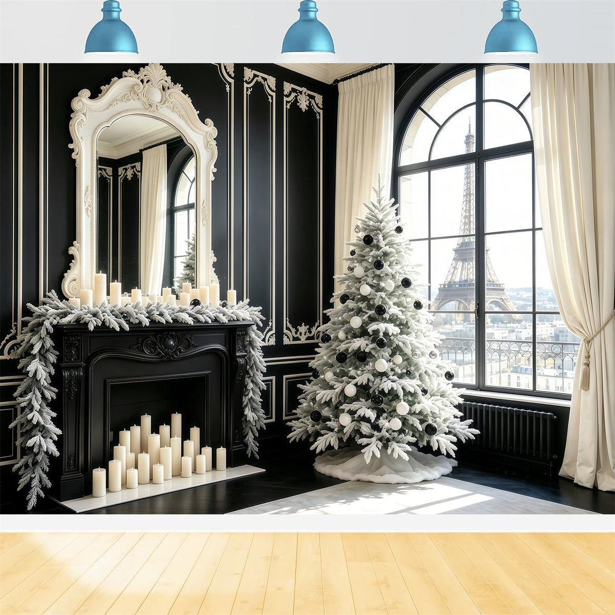 Schwarzer Weihnachtshintergrund Pariser Fensterblick Baum Weihnachtliche Indoor-Hintergrundkulisse GQ68-70