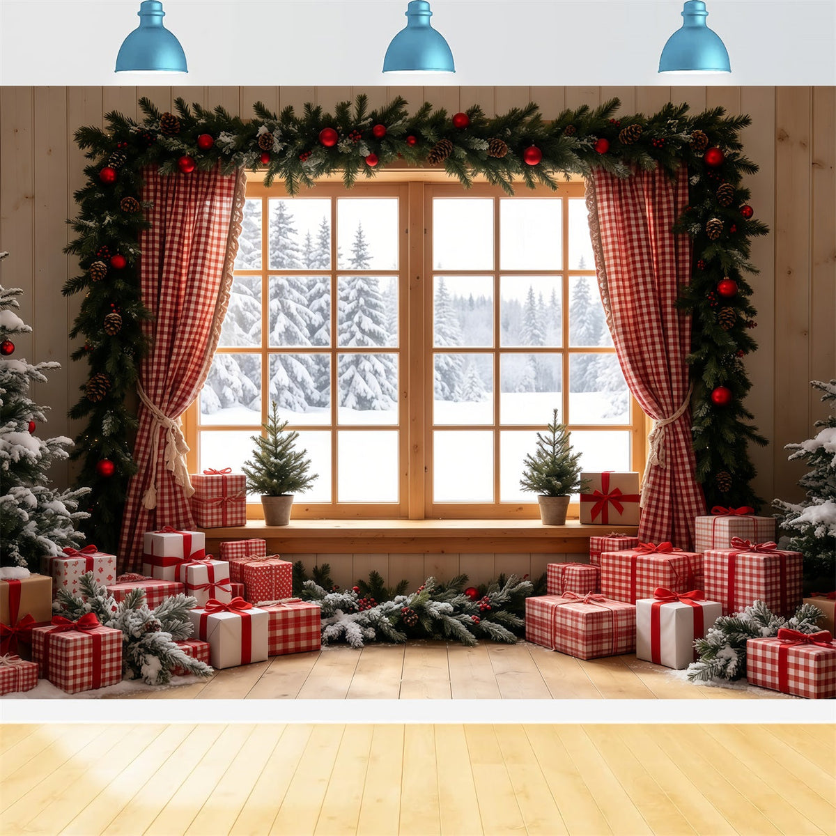 Rustikale Weihnachtskulisse Vichy-Schaufenster-Geschenkdisplay Weihnachtshintergründe Für Den Innenbereich GQ68-71