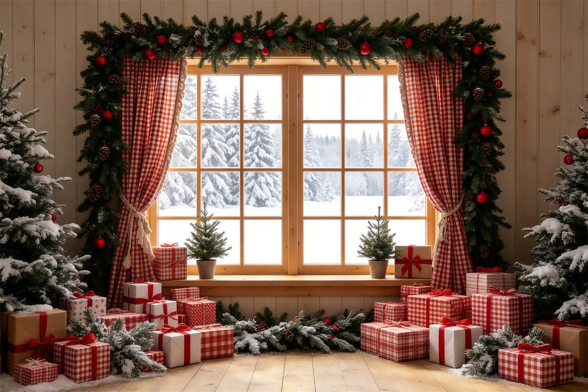 Rustikale Weihnachtskulisse Vichy-Schaufenster-Geschenkdisplay Weihnachtshintergründe Für Den Innenbereich GQ68-71