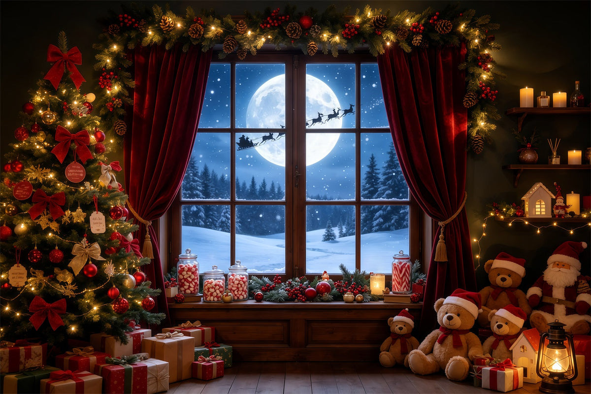 Weihnachtsnacht-Hintergrund Mondbeschienenes Fenster Teddyzimmer Professionelle Weihnachtskulisse GQ68-72