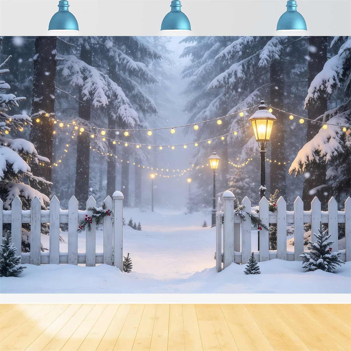 Winterliche Weihnachtskulisse Lichtpfad Im Verschneiten Wald Weihnachtshintergrund Aus Musselin GQ68-74