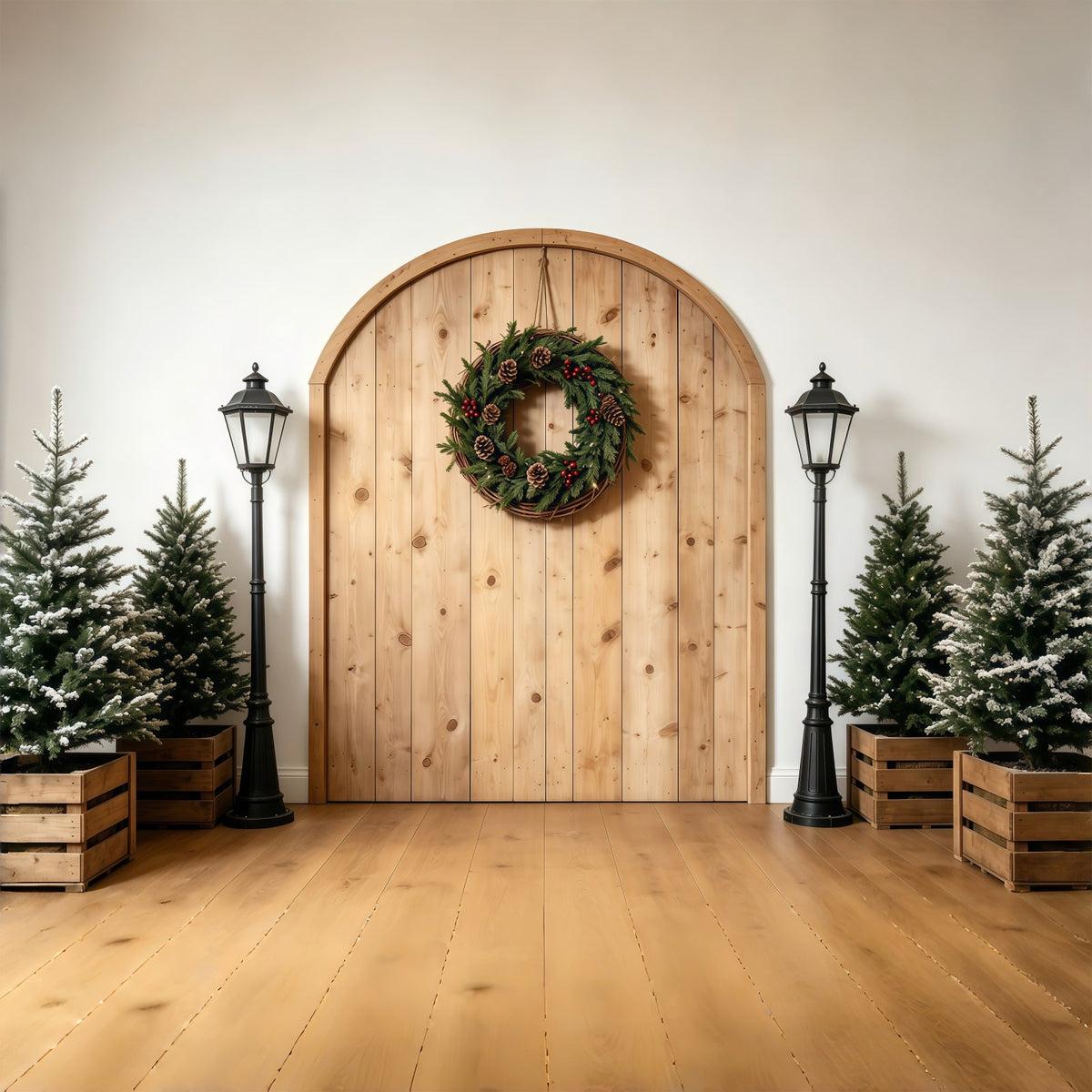 Einfacher Weihnachtshintergrund Rustikaler Bogenkranz-Eingang Musselin-Hintergrund Weihnachten GQ68-75