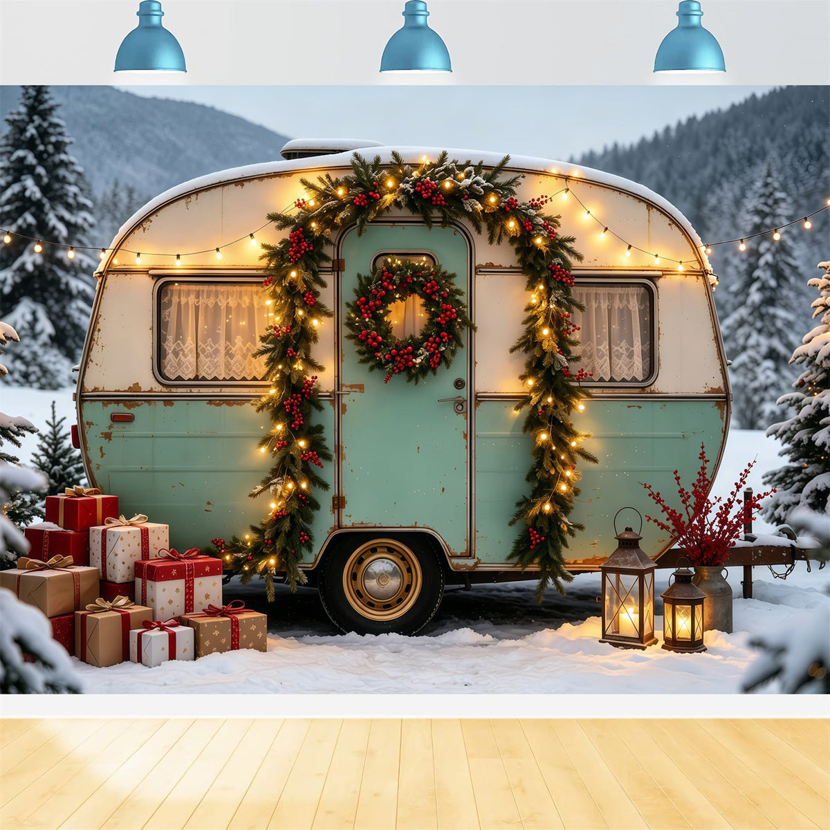 Weihnachtscamper-Hintergrund Oldtimer-Lkw-Wald Weihnachts-Fotohintergründe GQ68-76
