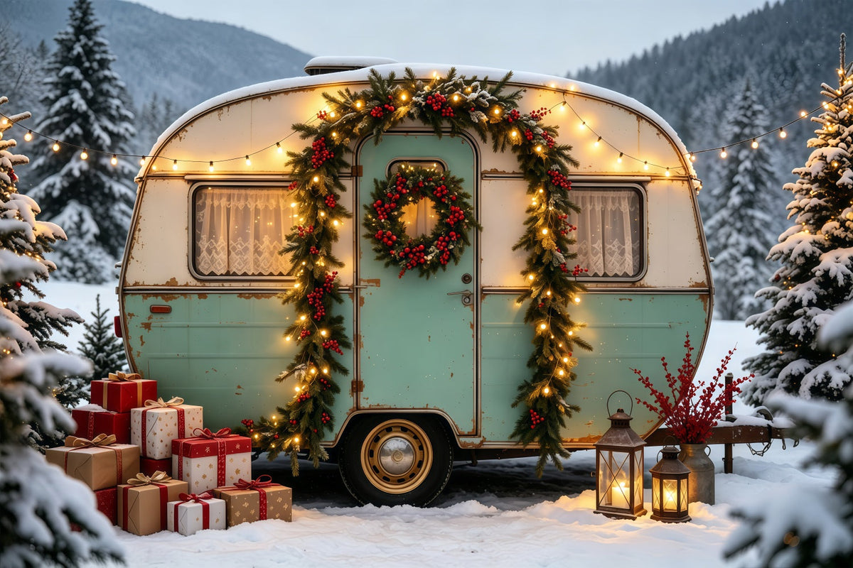 Weihnachtscamper-Hintergrund Oldtimer-Lkw-Wald Weihnachts-Fotohintergründe GQ68-76