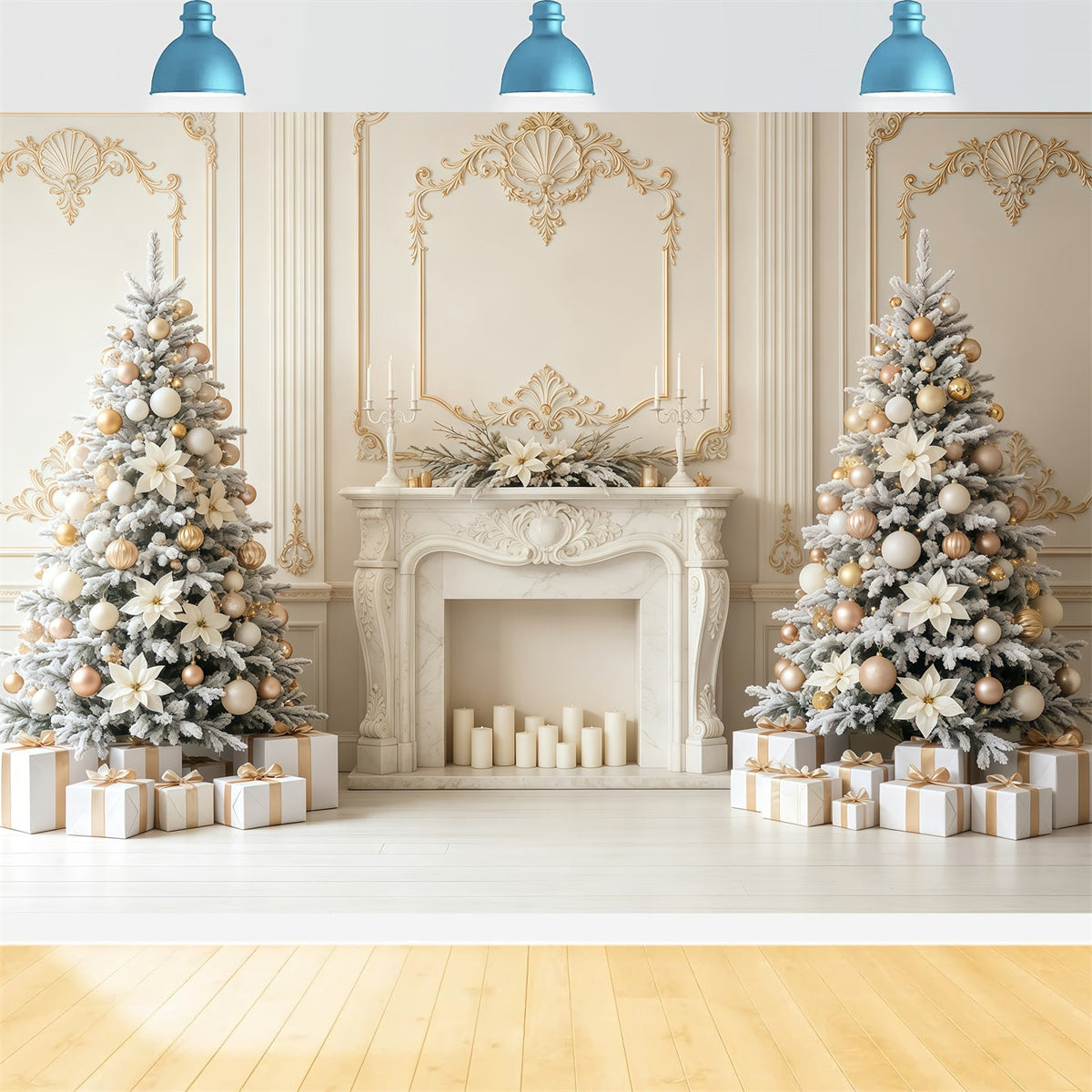 Weihnachtswand-Hintergrund Elfenbeingoldener Kamin Eleganz Weihnachtskulisse GQ68-78