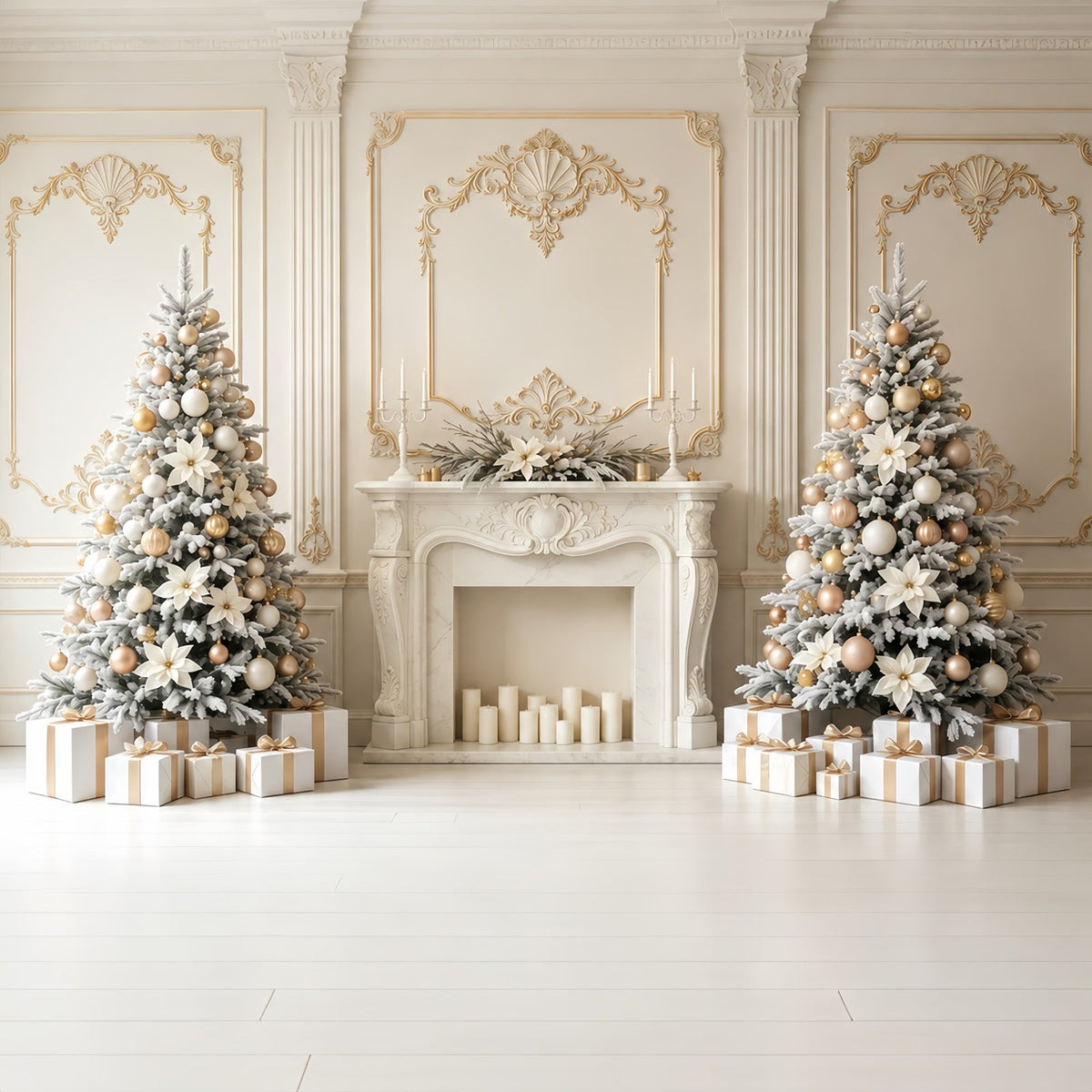 Weihnachtswand-Hintergrund Elfenbeingoldener Kamin Eleganz Weihnachtskulisse GQ68-78