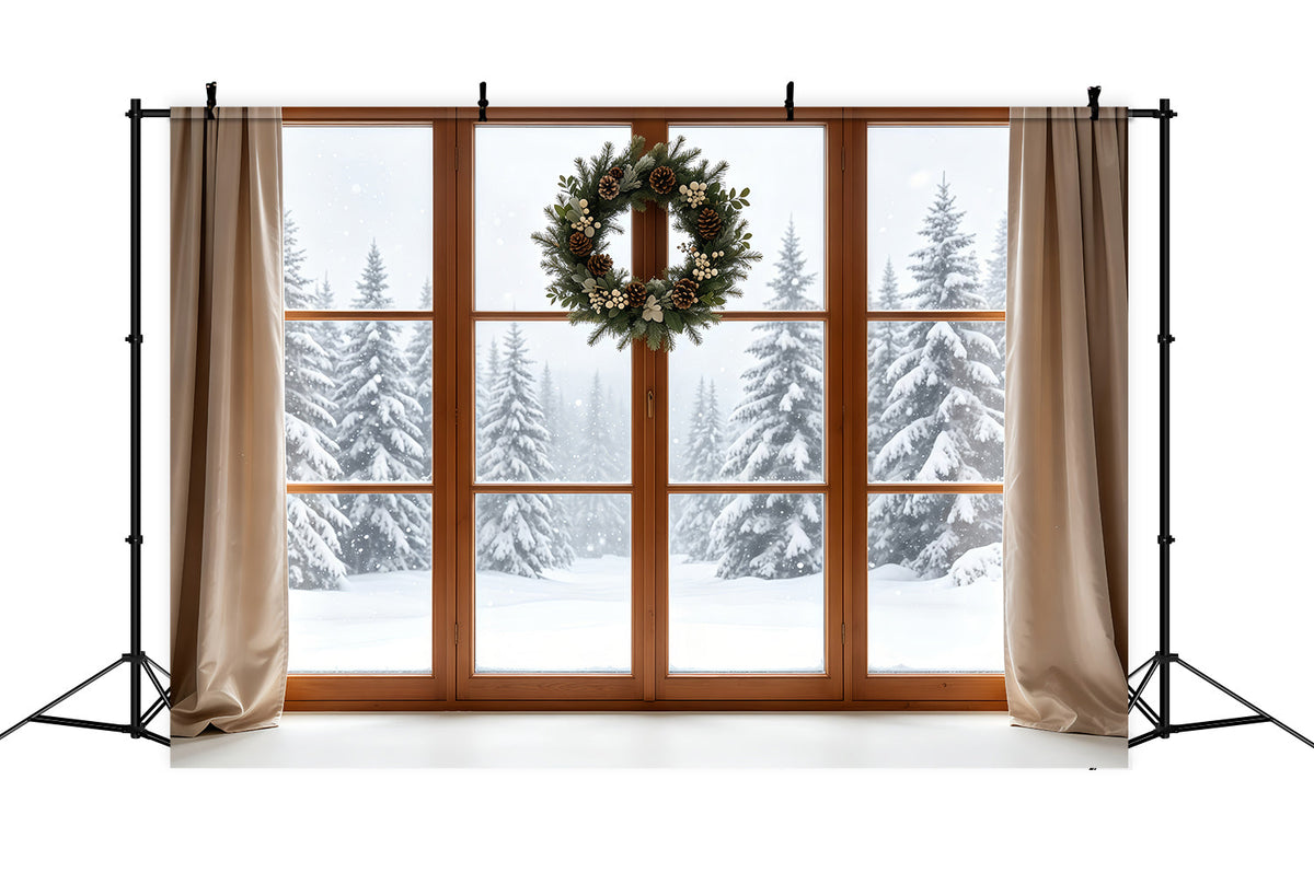 Weihnachtsfenster-Hintergrund Rustikaler Kranz, Verschneiter Wald Weihnachtsfotohintergrund GQ68-80