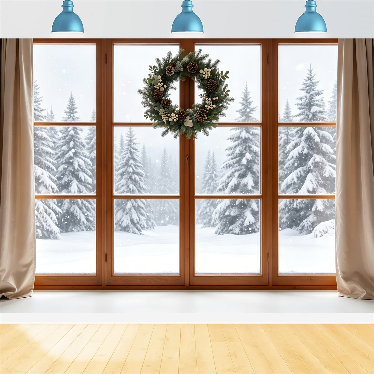 Weihnachtsfenster-Hintergrund Rustikaler Kranz, Verschneiter Wald Weihnachtsfotohintergrund GQ68-80