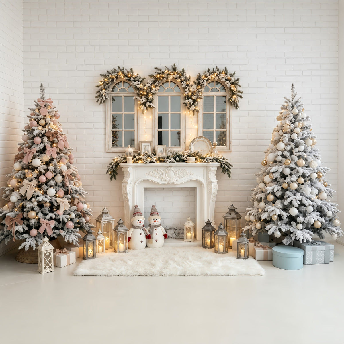Weihnachtskulisse Kaminlaternen Aus Weißen Ziegeln Weihnachts-Fotohintergründe GQ68-81