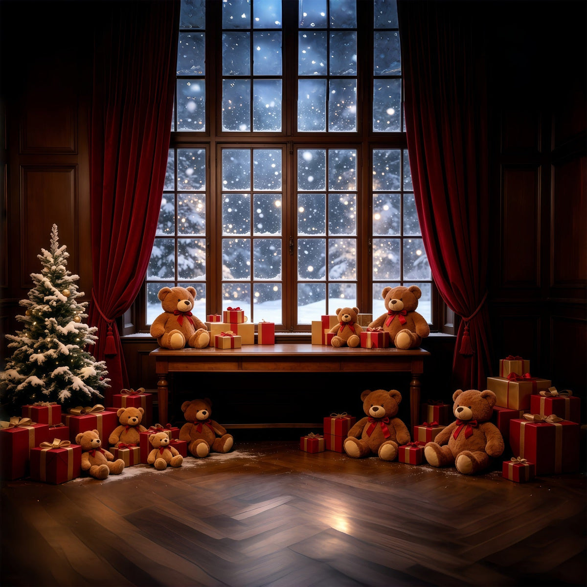 Gemütliche Weihnachtskulisse Teddybär-Schaufensterdekoration Weihnachts-Fotografie-Hintergründe GQ68-85