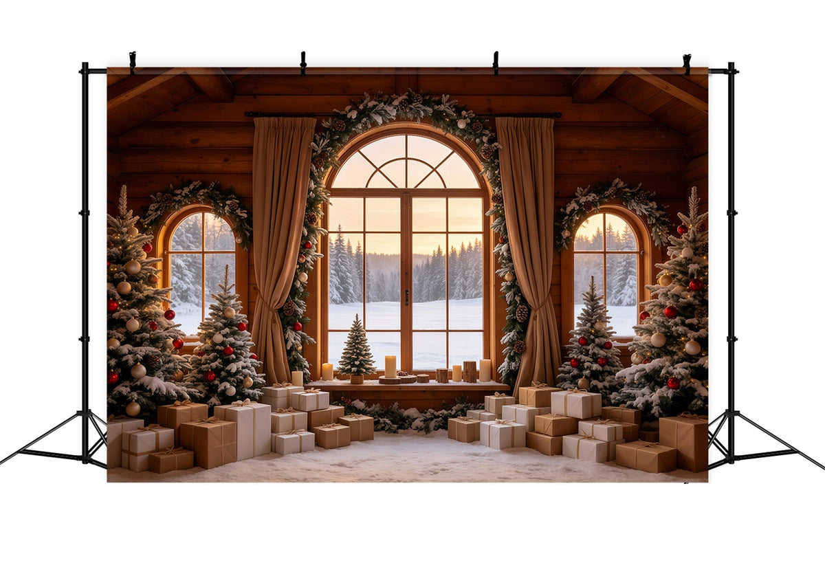 Weihnachtshütten-Kulisse Blick Aus Dem Fenster Eines Rustikalen Hauses Weihnachtsfotohintergrund GQ68-86