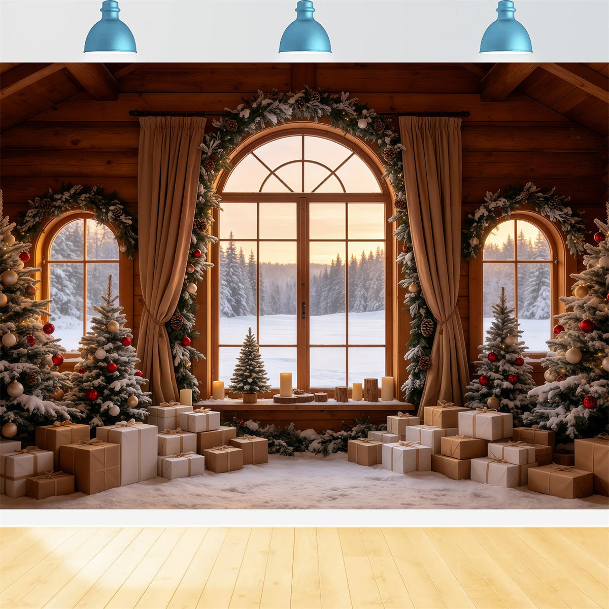 Weihnachtshütten-Kulisse Blick Aus Dem Fenster Eines Rustikalen Hauses Weihnachtsfotohintergrund GQ68-86