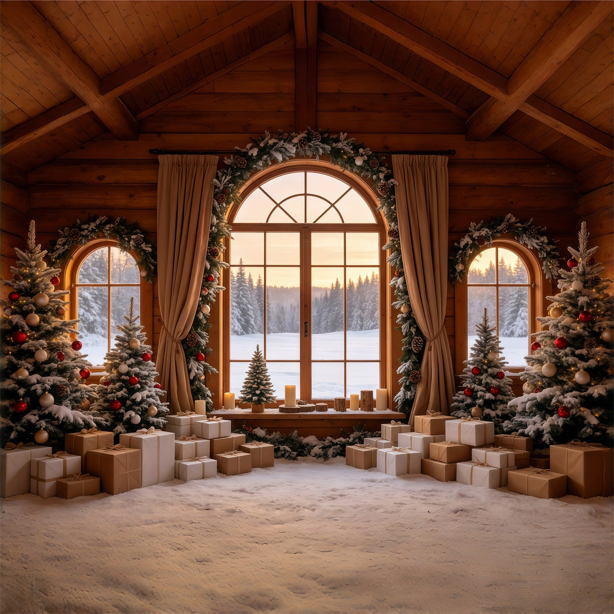 Weihnachtshütten-Kulisse Blick Aus Dem Fenster Eines Rustikalen Hauses Weihnachtsfotohintergrund GQ68-86