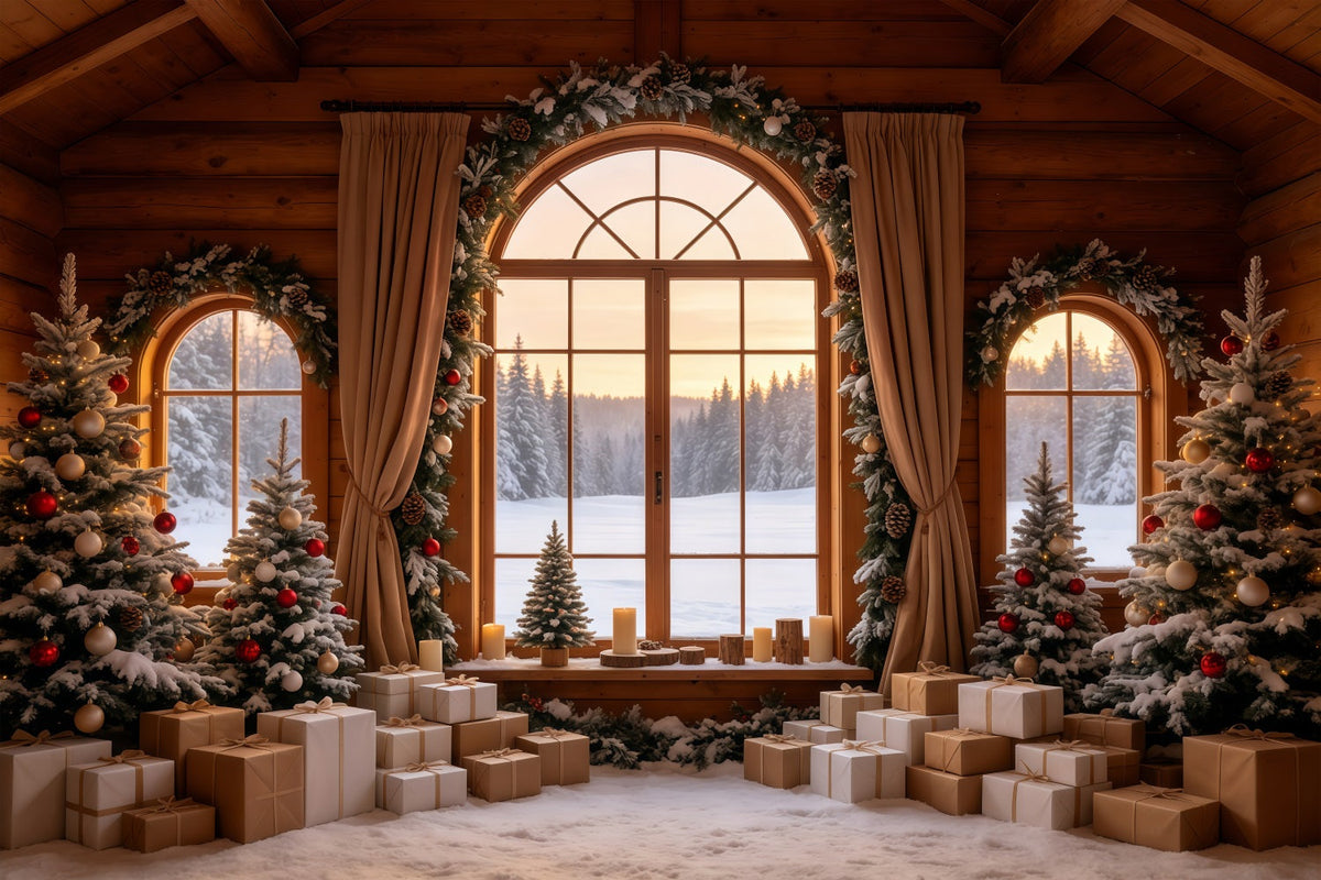 Weihnachtshütten-Kulisse Blick Aus Dem Fenster Eines Rustikalen Hauses Weihnachtsfotohintergrund GQ68-86