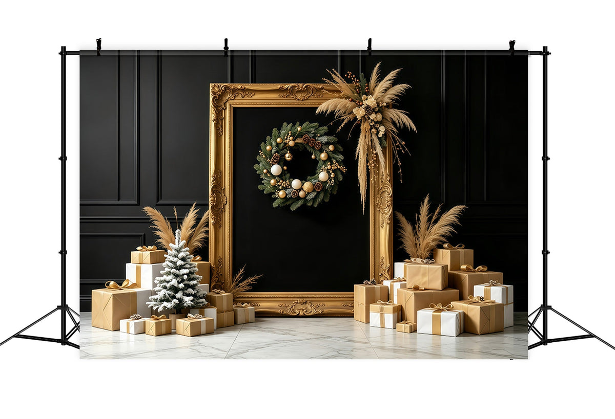 Weihnachtshintergrund In Schwarz Und Gold Geschenkdisplay Mit Goldenem Rahmen Große Weihnachtskulissen GQ68-87