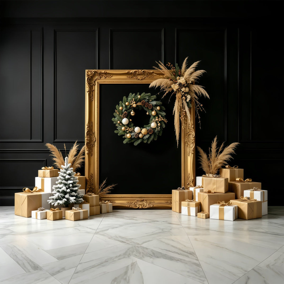 Weihnachtshintergrund In Schwarz Und Gold Geschenkdisplay Mit Goldenem Rahmen Große Weihnachtskulissen GQ68-87