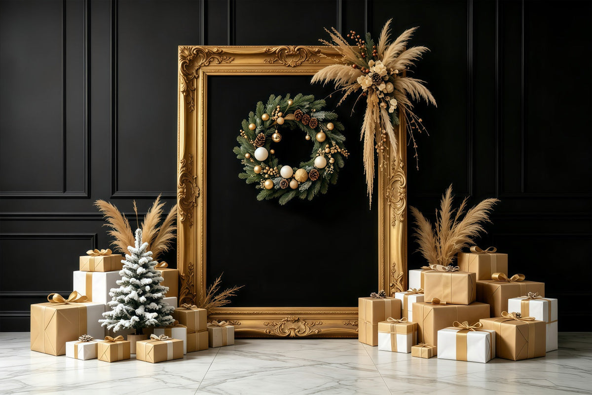 Weihnachtshintergrund In Schwarz Und Gold Geschenkdisplay Mit Goldenem Rahmen Große Weihnachtskulissen GQ68-87