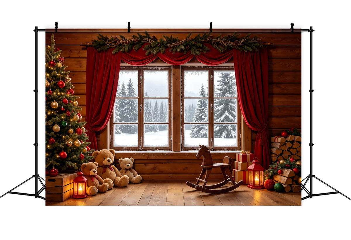 Weihnachtshütten-Kulisse Rustikale Fenster-Teddy-Ausstellung Weihnachts-Fotohintergründe GQ68-89