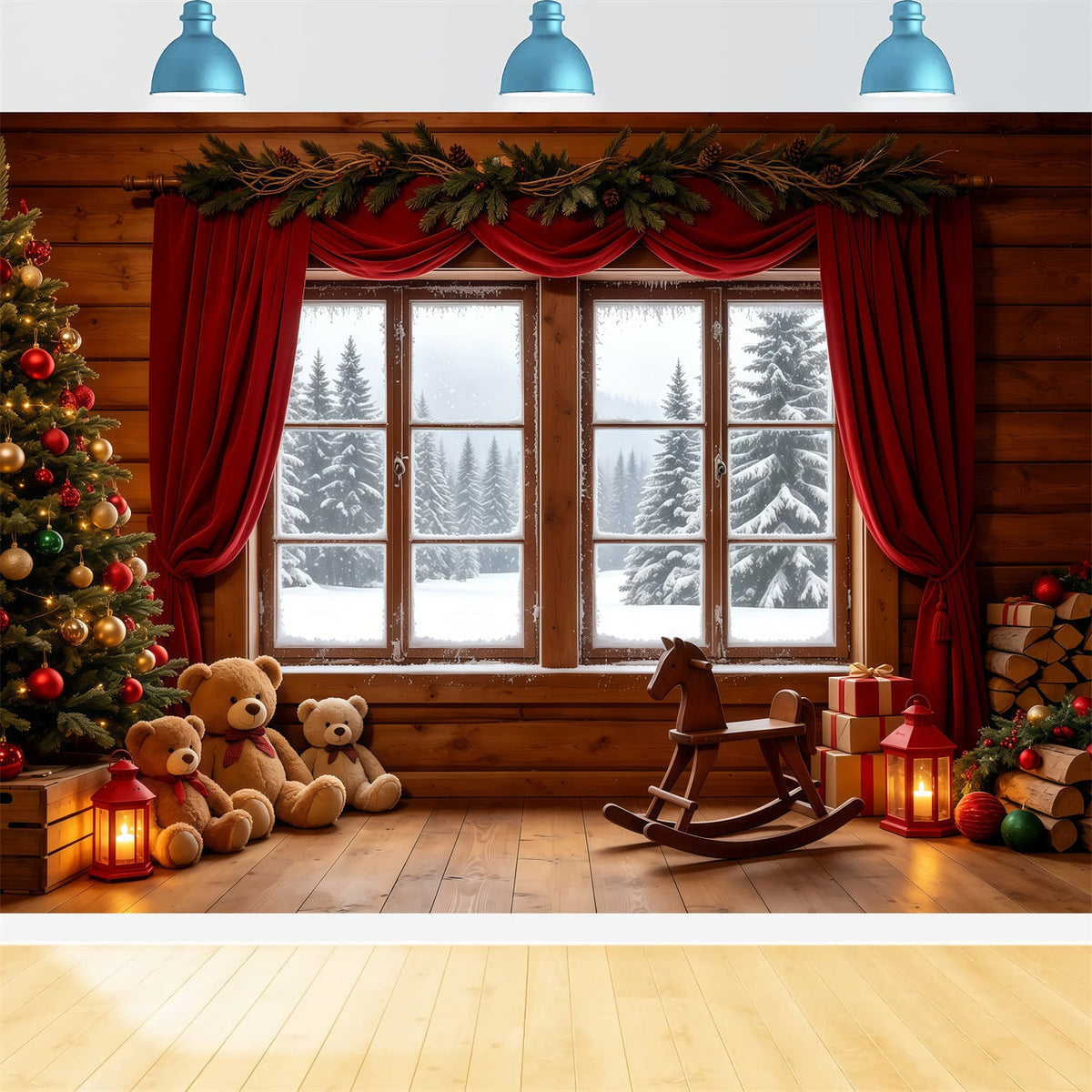 Weihnachtshütten-Kulisse Rustikale Fenster-Teddy-Ausstellung Weihnachts-Fotohintergründe GQ68-89