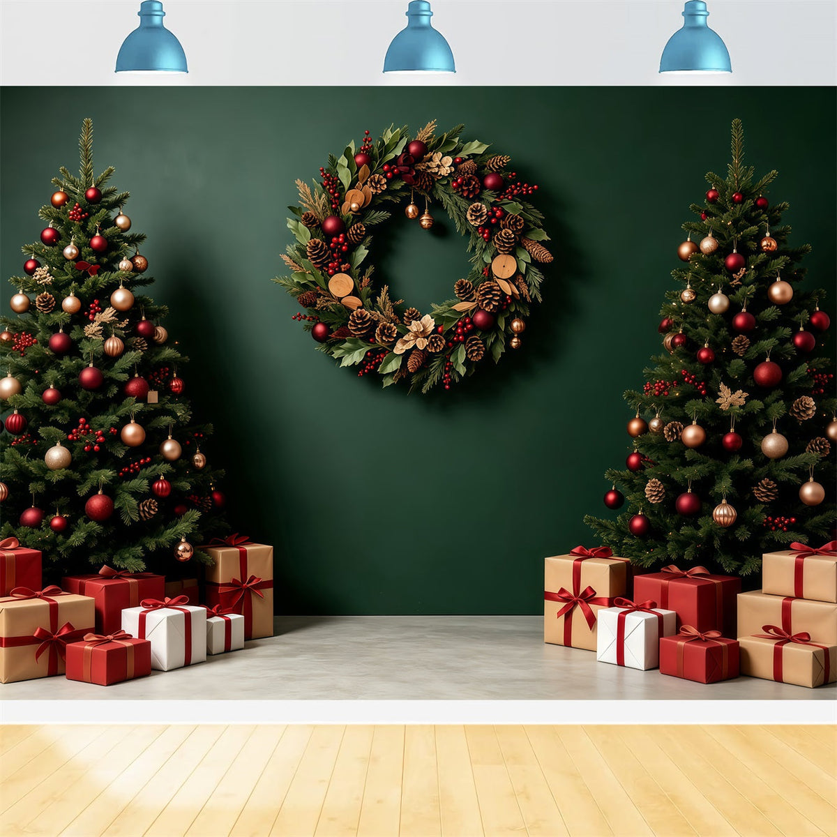 Grüne Weihnachtskulisse Geschenkboxen Für Baumkränze Weihnachtshintergründe GQ68-91