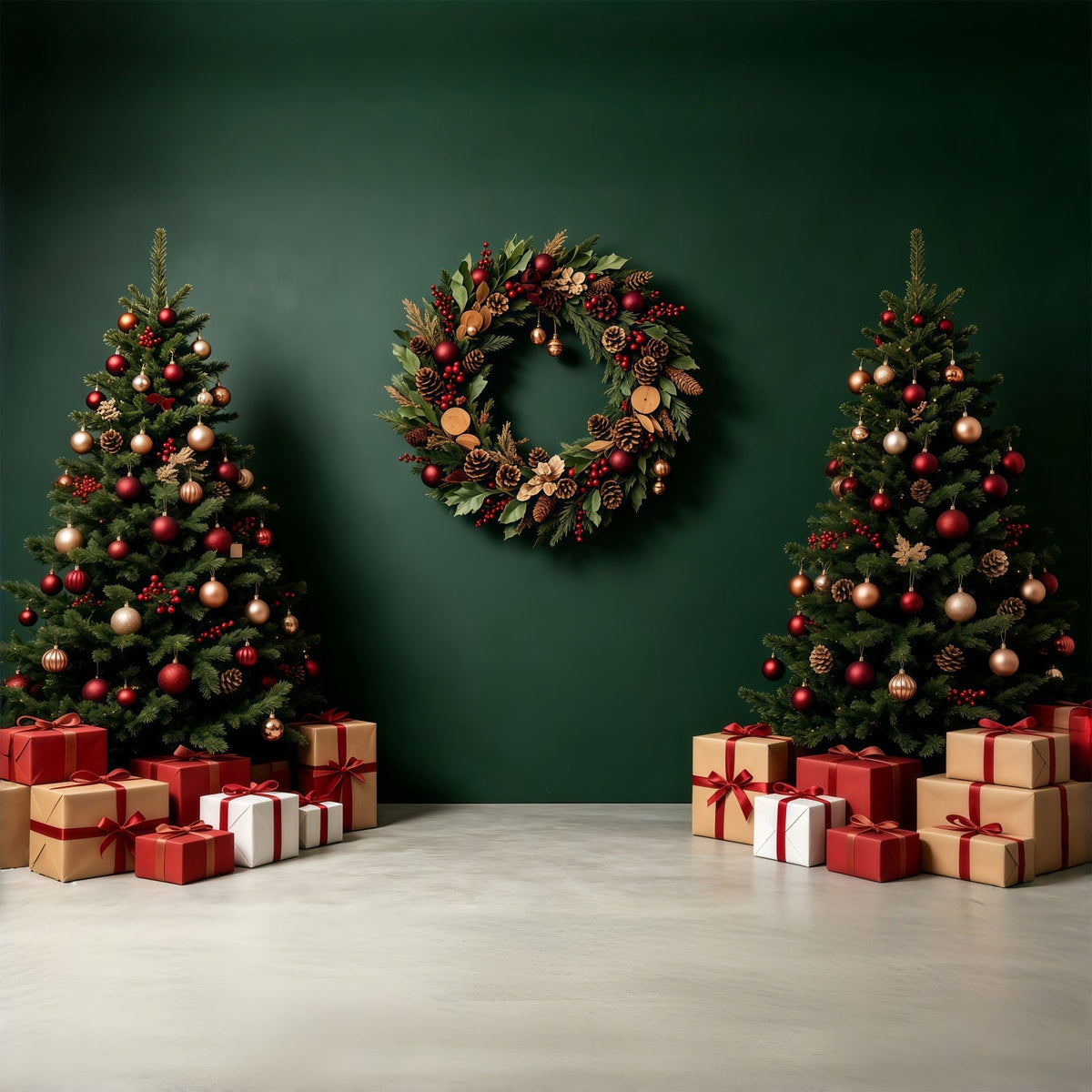 Grüne Weihnachtskulisse Geschenkboxen Für Baumkränze Weihnachtshintergründe GQ68-91