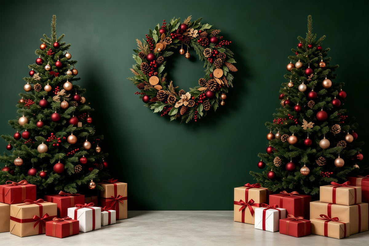 Grüne Weihnachtskulisse Geschenkboxen Für Baumkränze Weihnachtshintergründe GQ68-91
