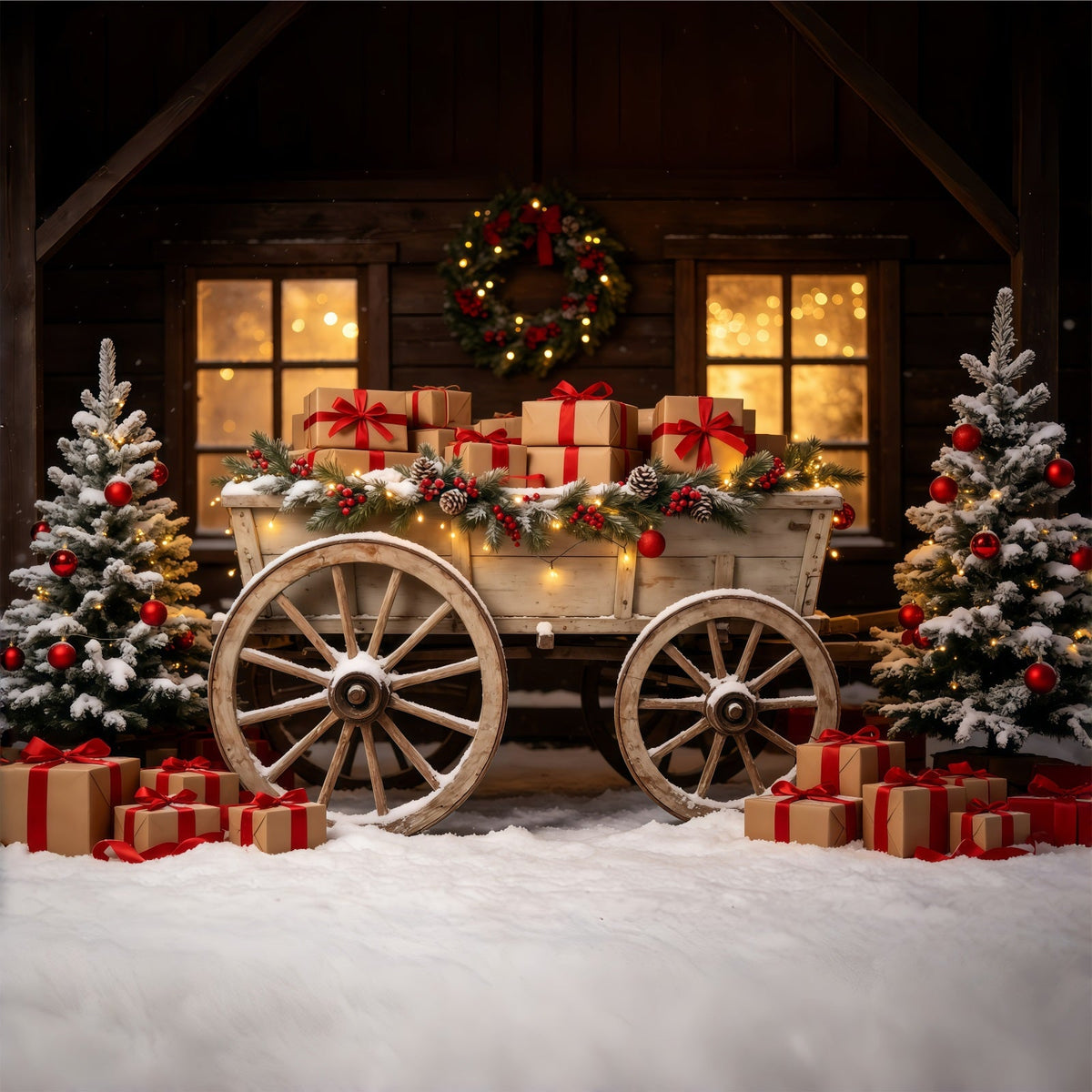 Weihnachtskulisse Im Freien Rustikaler Wagen Als Geschenkständer Weihnachtshintergrund Für Fotografie GQ68-92
