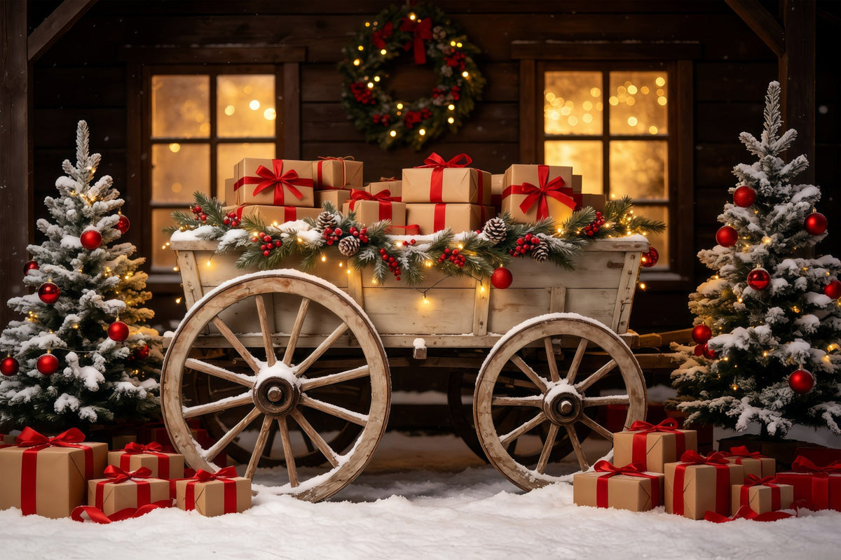 Weihnachtskulisse Im Freien Rustikaler Wagen Als Geschenkständer Weihnachtshintergrund Für Fotografie GQ68-92