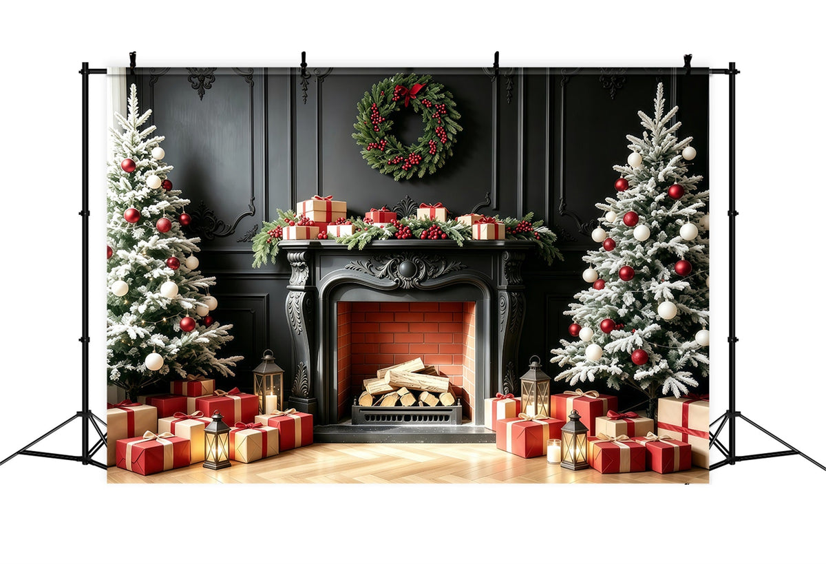 Kamin-Hintergrund Weihnachten Geschenk Für Einen Schwarzen Kaminsimsbaum Weihnachts-Fotohintergründe GQ68-94