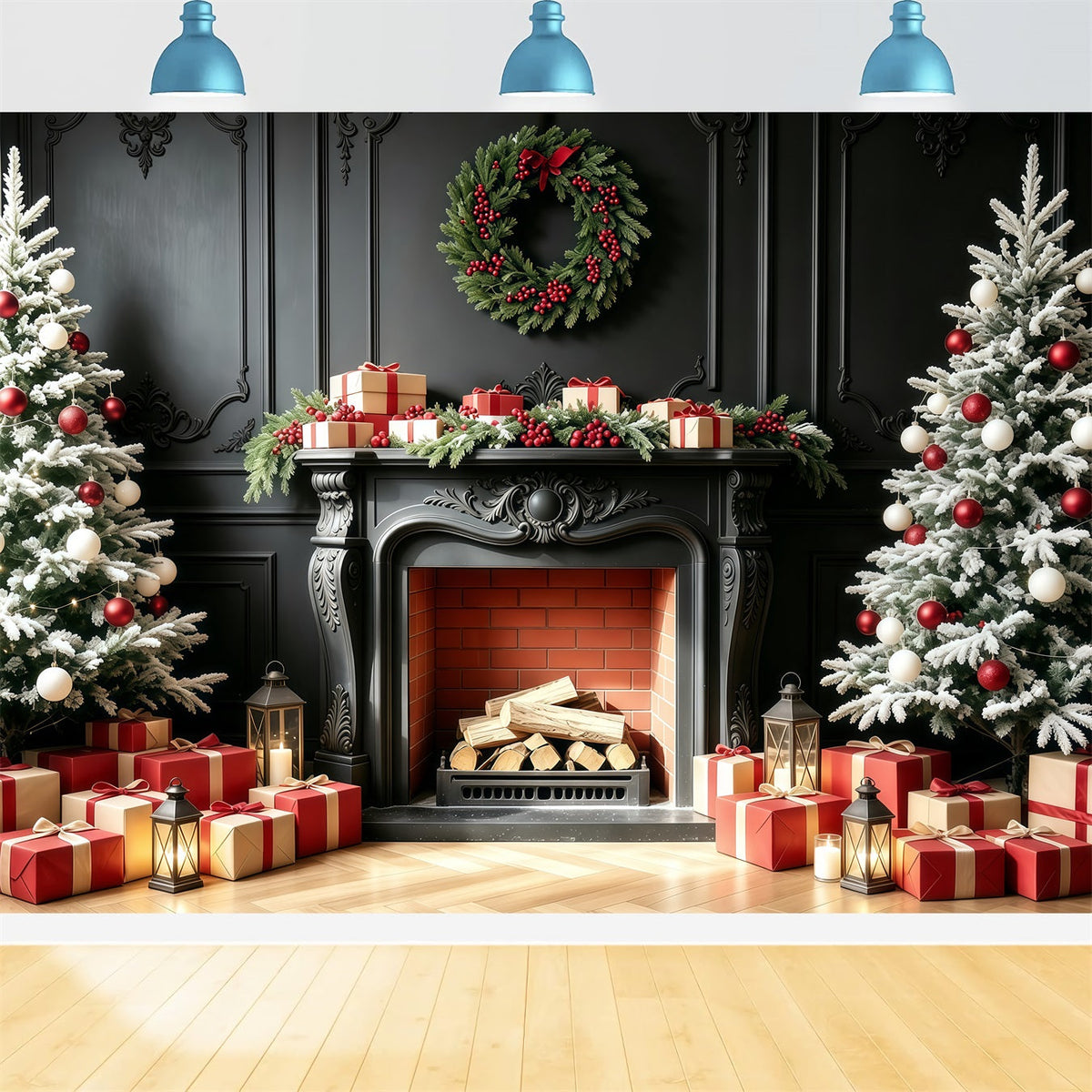 Kamin-Hintergrund Weihnachten Geschenk Für Einen Schwarzen Kaminsimsbaum Weihnachts-Fotohintergründe GQ68-94